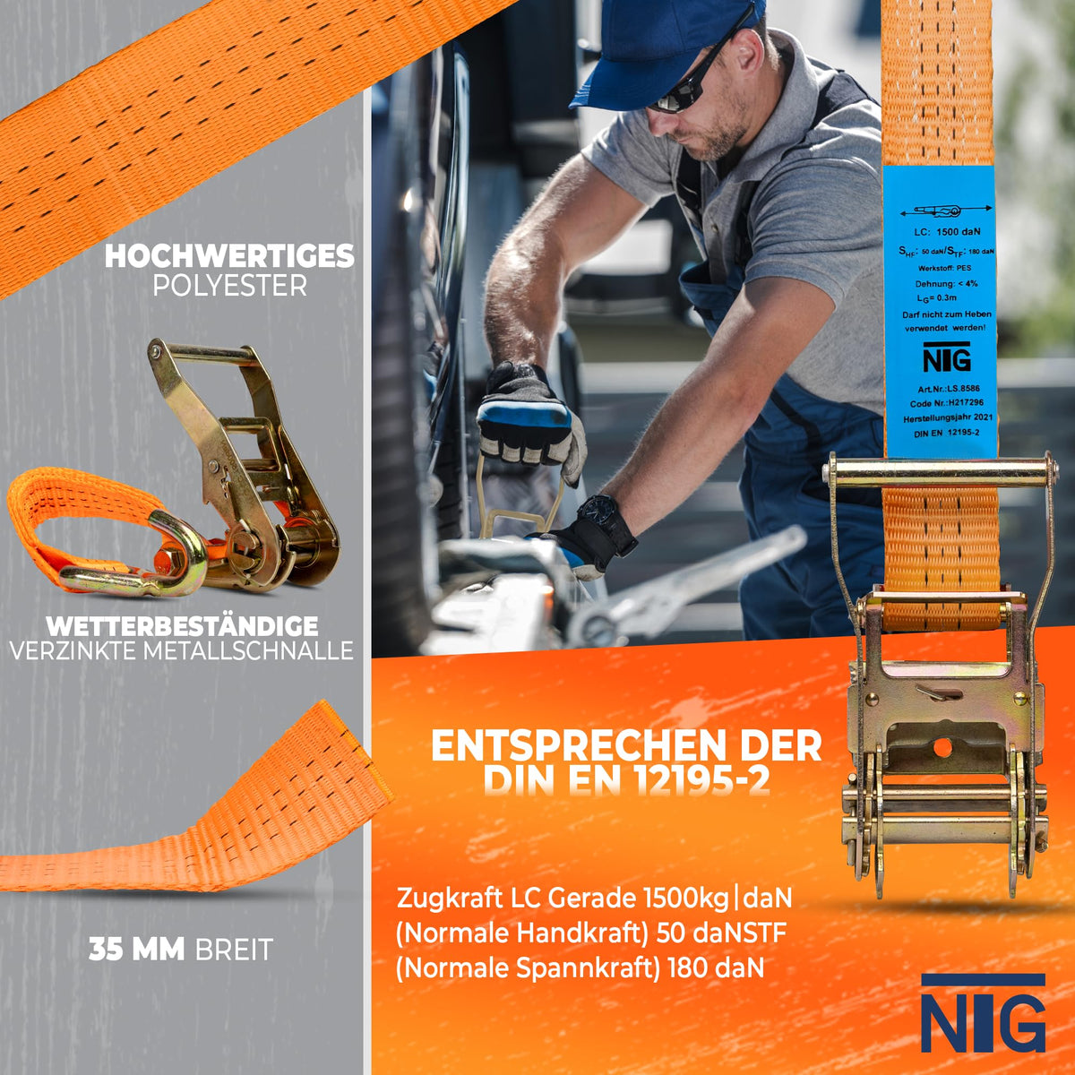 NTG Spanngurt für Auto Transport 4 Stück - 35 mm 3300 mm Länge 3000 daN