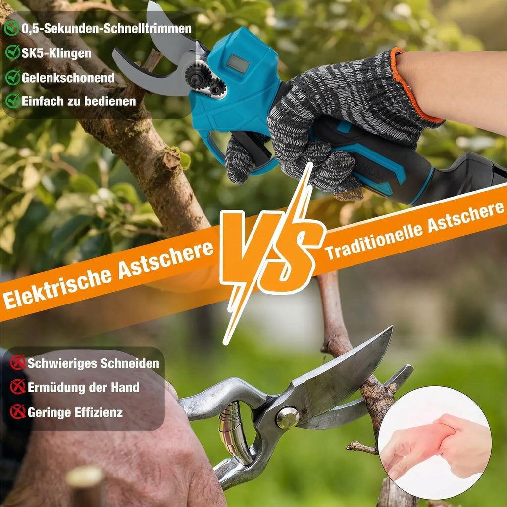 21-V-Elektrische Astschere, verbesserte 600-W-bürstenlose elektrische Astschere mit 2×2,0-Ah-Akkus, 2 Klingen, Schnellladegerät, 1,2-Zoll-Schnittdurchmesser für Gärten/Außenbereiche/Bauernhöfe/Gärten