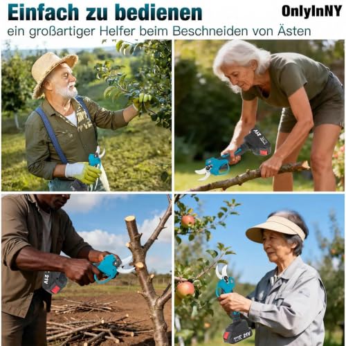 21-V-Elektrische Astschere, verbesserte 600-W-bürstenlose elektrische Astschere mit 2×2,0-Ah-Akkus, 2 Klingen, Schnellladegerät, 1,2-Zoll-Schnittdurchmesser für Gärten/Außenbereiche/Bauernhöfe/Gärten