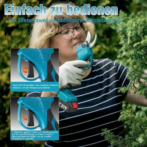 21-V-Elektrische Astschere, verbesserte 600-W-bürstenlose elektrische Astschere mit 2×2,0-Ah-Akkus, 2 Klingen, Schnellladegerät, 1,2-Zoll-Schnittdurchmesser für Gärten/Außenbereiche/Bauernhöfe/Gärten
