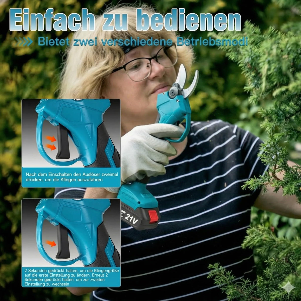 21-V-Elektrische Astschere, verbesserte 600-W-bürstenlose elektrische Astschere mit 2×2,0-Ah-Akkus, 2 Klingen, Schnellladegerät, 1,2-Zoll-Schnittdurchmesser für Gärten/Außenbereiche/Bauernhöfe/Gärten