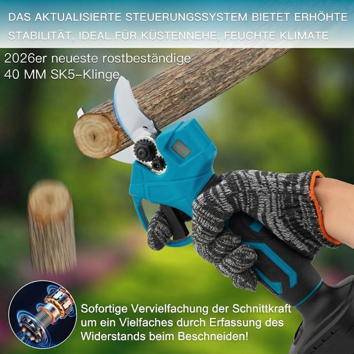 21-V-Elektrische Astschere, verbesserte 600-W-bürstenlose elektrische Astschere mit 2×2,0-Ah-Akkus, 2 Klingen, Schnellladegerät, 1,2-Zoll-Schnittdurchmesser für Gärten/Außenbereiche/Bauernhöfe/Gärten
