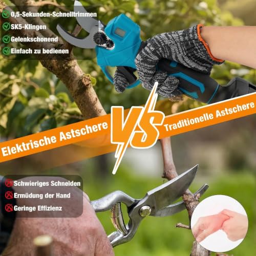 21-V-Elektrische Astschere, verbesserte 600-W-bürstenlose elektrische Astschere mit 2×2,0-Ah-Akkus, 2 Klingen, Schnellladegerät, 1,2-Zoll-Schnittdurchmesser für Gärten/Außenbereiche/Bauernhöfe/Gärten