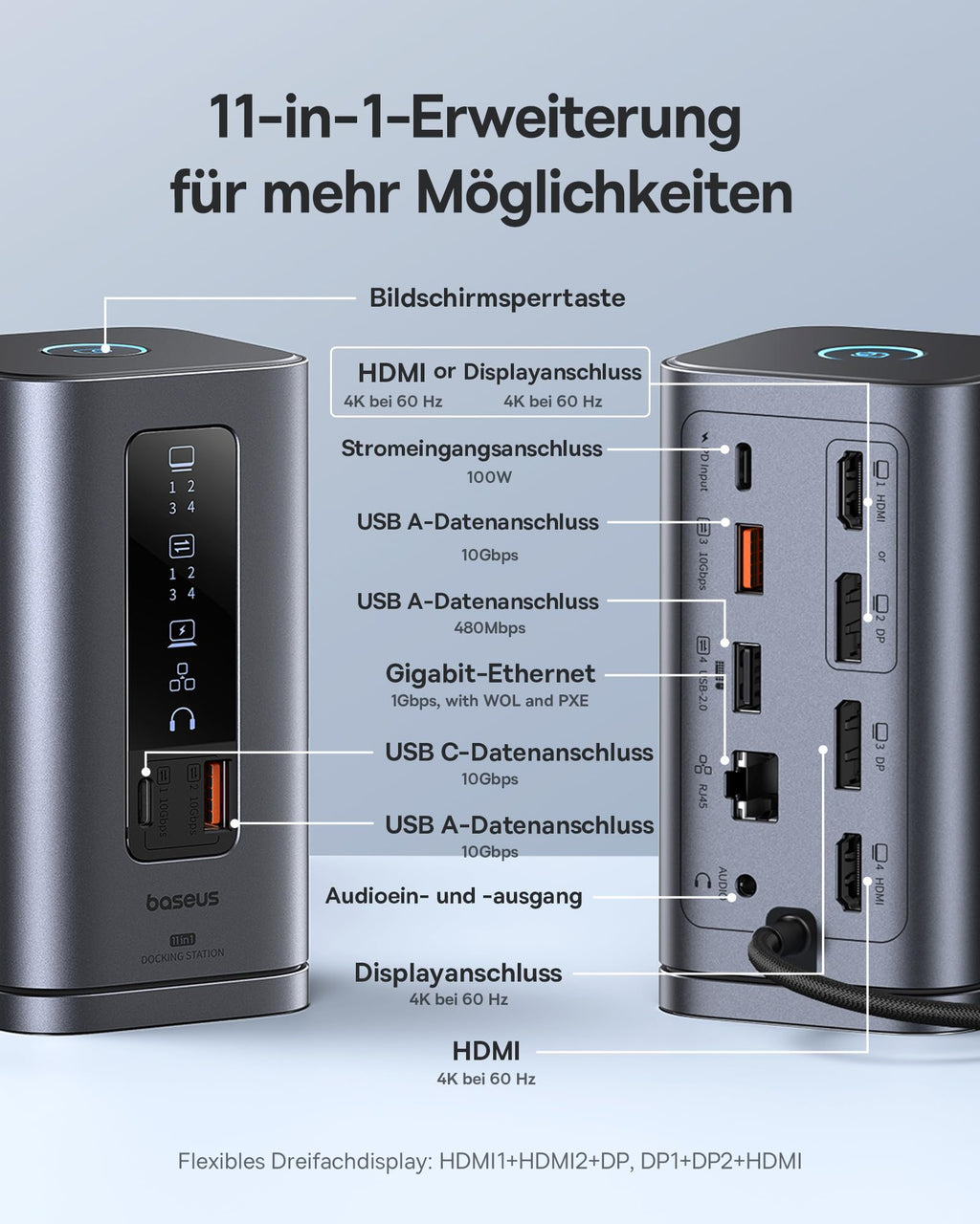 Baseus Docking Station Spacemate Series 11-in-1 3 Monitore