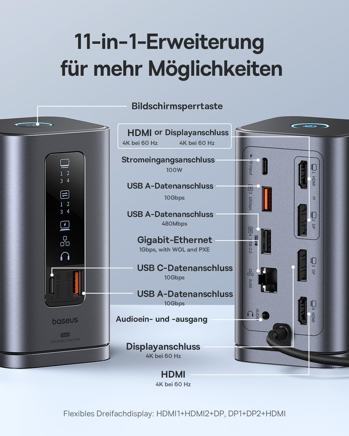 Baseus Docking Station Spacemate Series 11-in-1 3 Monitore