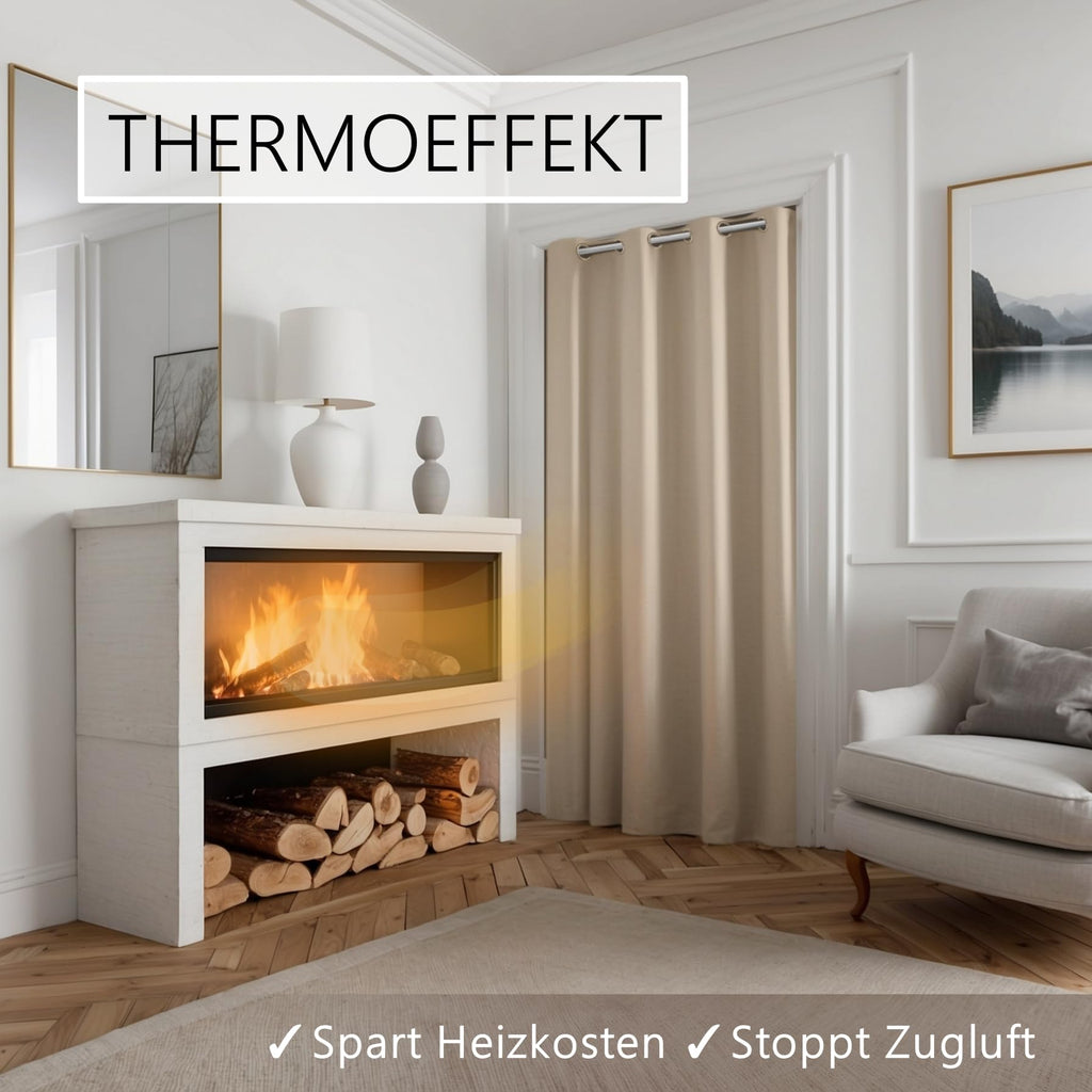 Thermo Türvorhang mit Teleskopstange, einfache Montage in nur 1 Minute ohne Bohren (Türgardine beige H195 x B150 cm + Stange weiß B70-120 cm)