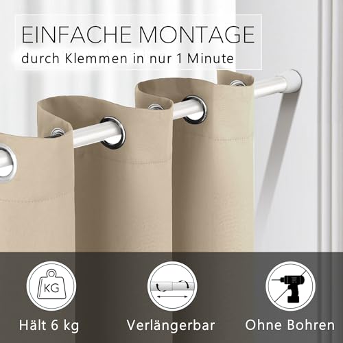 Thermo Türvorhang mit Teleskopstange, einfache Montage in nur 1 Minute ohne Bohren (Türgardine beige H195 x B150 cm + Stange weiß B70-120 cm)