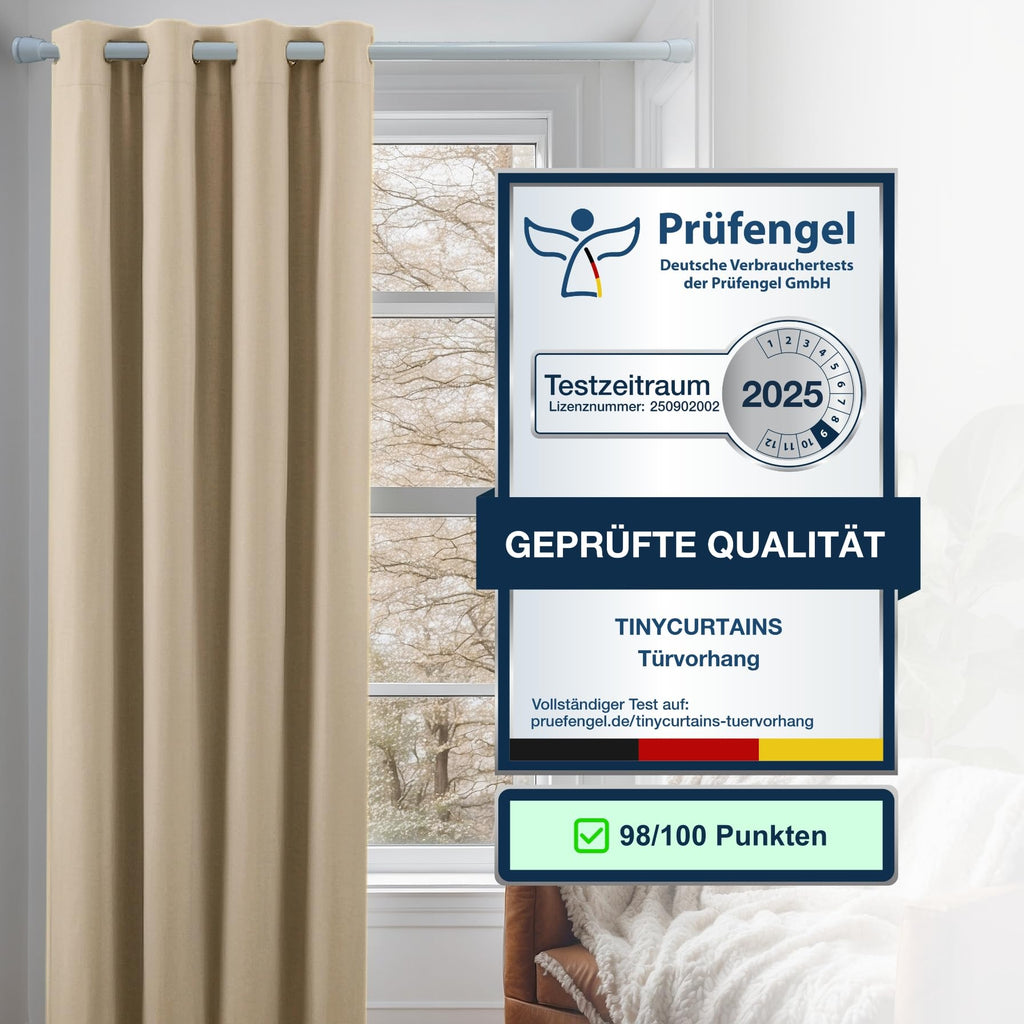 Thermo Türvorhang mit Teleskopstange, einfache Montage in nur 1 Minute ohne Bohren (Türgardine beige H195 x B150 cm + Stange weiß B70-120 cm)
