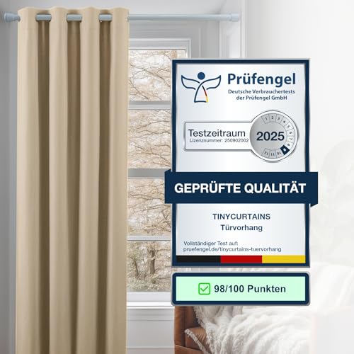 Thermo Türvorhang mit Teleskopstange, einfache Montage in nur 1 Minute ohne Bohren (Türgardine beige H195 x B150 cm + Stange weiß B70-120 cm)