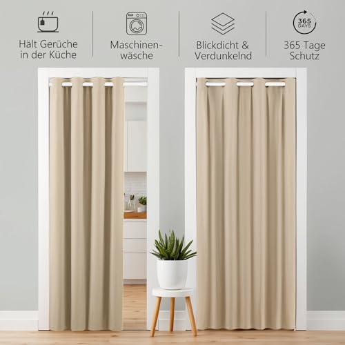 Thermo Türvorhang mit Teleskopstange, einfache Montage in nur 1 Minute ohne Bohren (Türgardine beige H195 x B150 cm + Stange weiß B70-120 cm)