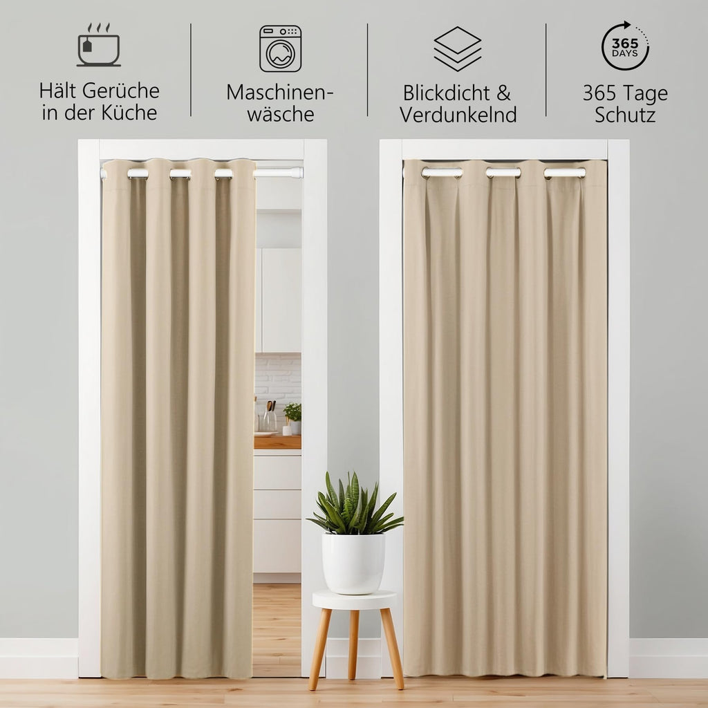 Thermo Türvorhang mit Teleskopstange, einfache Montage in nur 1 Minute ohne Bohren (Türgardine beige H195 x B150 cm + Stange weiß B70-120 cm)