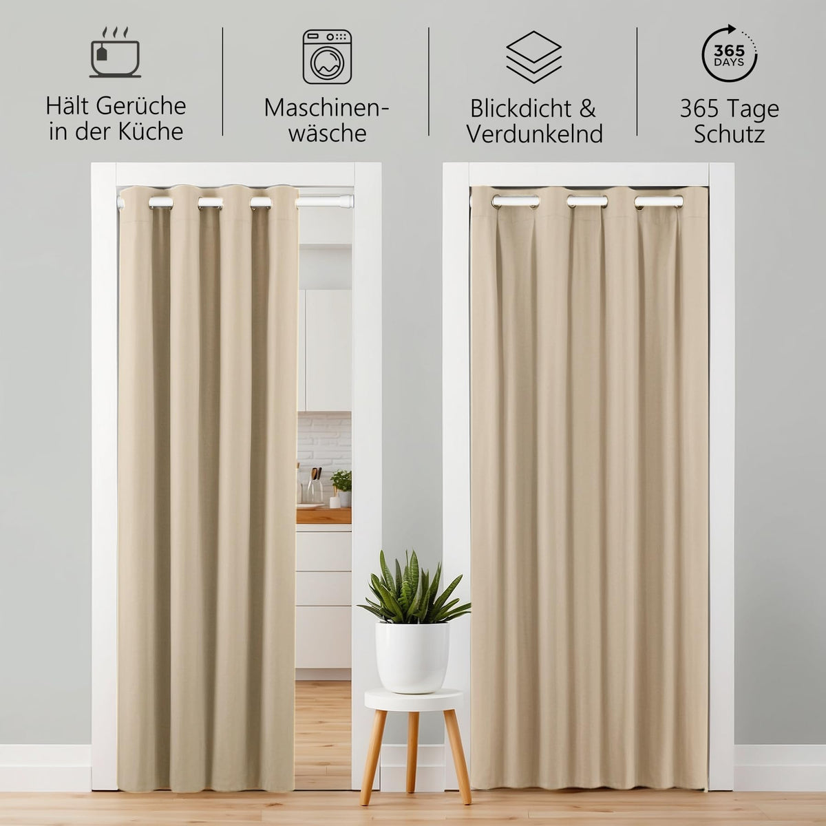 Thermo Türvorhang mit Teleskopstange, einfache Montage in nur 1 Minute ohne Bohren (Türgardine beige H195 x B150 cm + Stange weiß B70-120 cm)