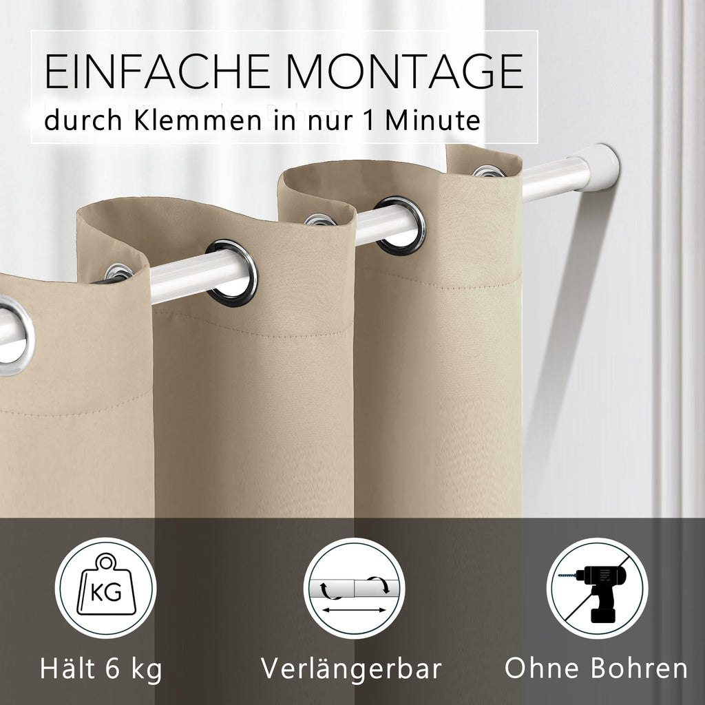 Thermo Türvorhang mit Teleskopstange, einfache Montage in nur 1 Minute ohne Bohren (Türgardine beige H195 x B150 cm + Stange weiß B70-120 cm)