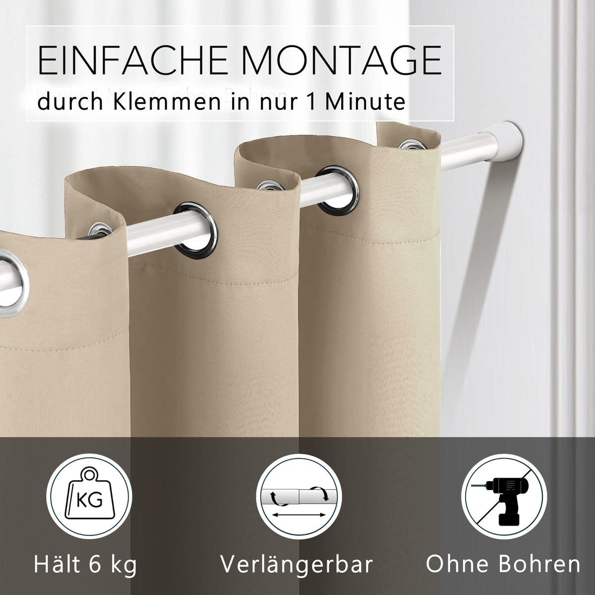 Thermo Türvorhang mit Teleskopstange, einfache Montage in nur 1 Minute ohne Bohren (Türgardine beige H195 x B150 cm + Stange weiß B70-120 cm)