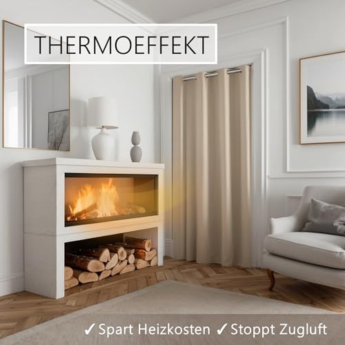 Thermo Türvorhang mit Teleskopstange, einfache Montage in nur 1 Minute ohne Bohren (Türgardine beige H195 x B150 cm + Stange weiß B70-120 cm)