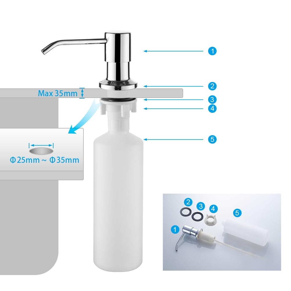 Ibergrif Seifenspender Küche Einbau – Spülmittelspender mit 500 ml Flasche, 360° drehbare Edelstahlpumpe, von Oben befüllbar, ideal für Spülbecken und Küchenspülen, Chrom