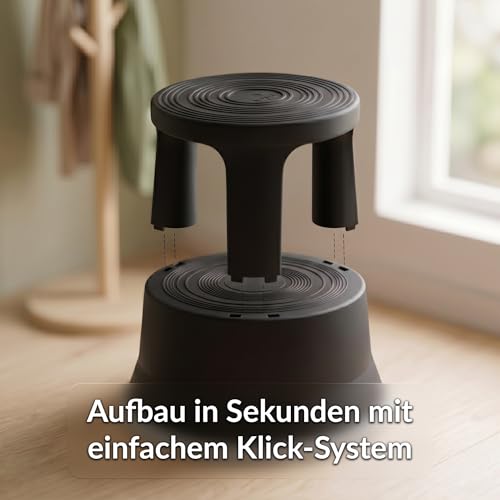 Office Marshal Rollhocker Kunststoff Elefantenfuß schwarz, Rutschfester Tritthocker mit Rollen, mobiler Rolltritt bis 150 kg, 43 cm hoch, Stabiler Hocker für Büro, Küche, Werkstatt, Lager & Haushalt