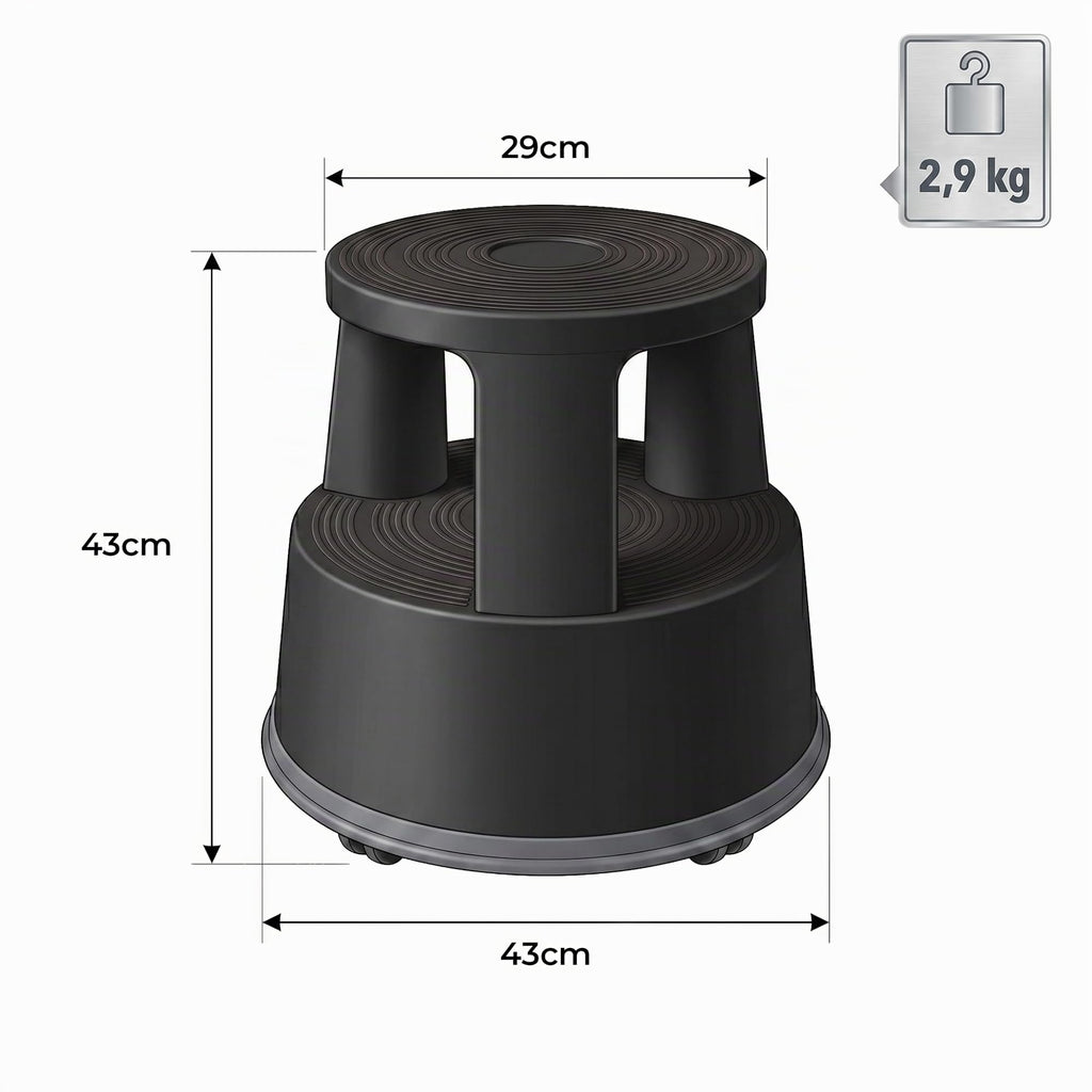 Office Marshal Rollhocker Kunststoff Elefantenfuß schwarz, Rutschfester Tritthocker mit Rollen, mobiler Rolltritt bis 150 kg, 43 cm hoch, Stabiler Hocker für Büro, Küche, Werkstatt, Lager & Haushalt