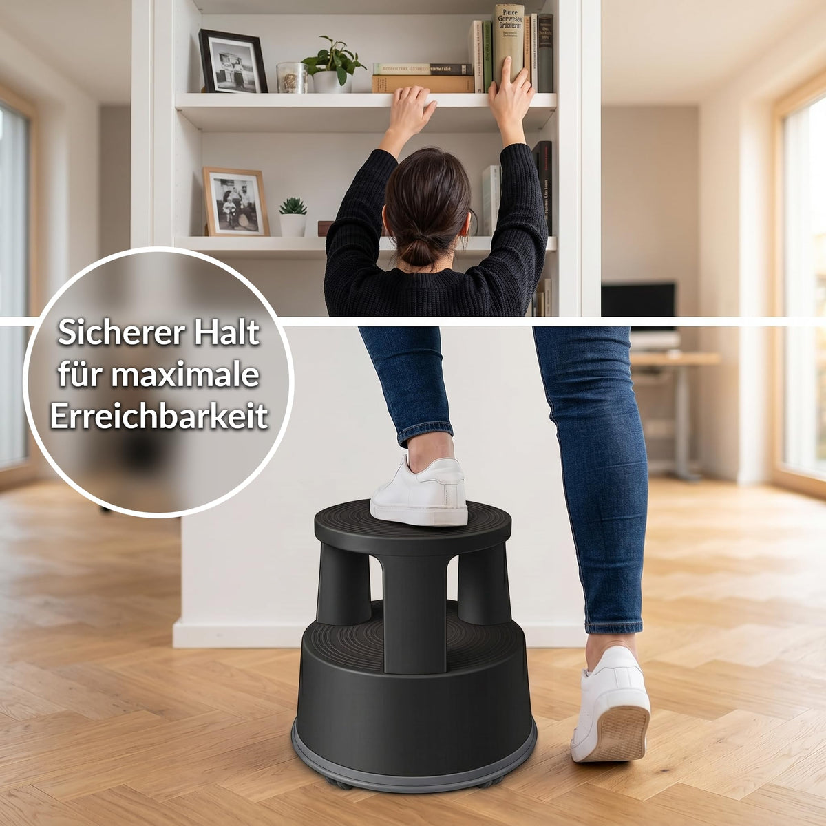 Office Marshal Rollhocker Kunststoff Elefantenfuß schwarz, Rutschfester Tritthocker mit Rollen, mobiler Rolltritt bis 150 kg, 43 cm hoch, Stabiler Hocker für Büro, Küche, Werkstatt, Lager & Haushalt