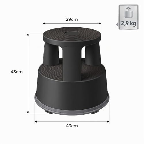 Office Marshal Rollhocker Kunststoff Elefantenfuß schwarz, Rutschfester Tritthocker mit Rollen, mobiler Rolltritt bis 150 kg, 43 cm hoch, Stabiler Hocker für Büro, Küche, Werkstatt, Lager & Haushalt