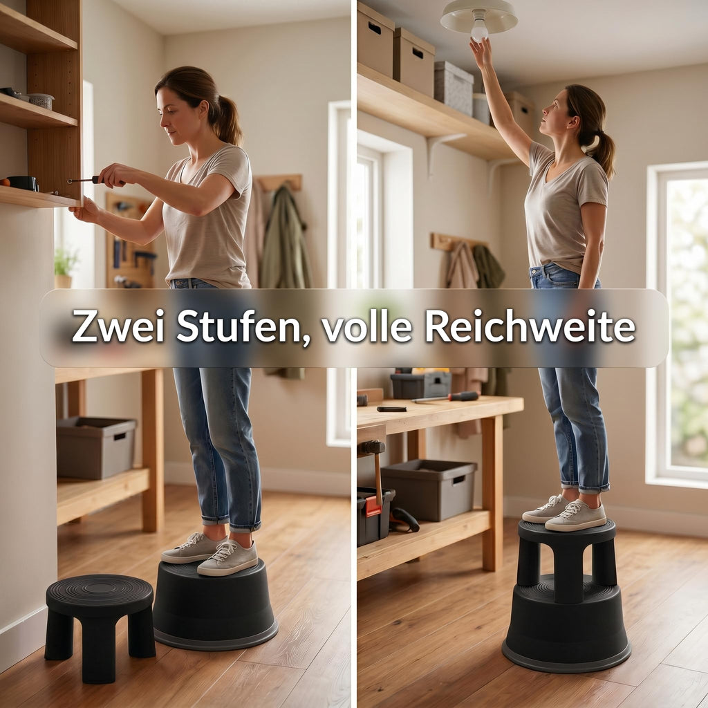 Office Marshal Rollhocker Kunststoff Elefantenfuß schwarz, Rutschfester Tritthocker mit Rollen, mobiler Rolltritt bis 150 kg, 43 cm hoch, Stabiler Hocker für Büro, Küche, Werkstatt, Lager & Haushalt