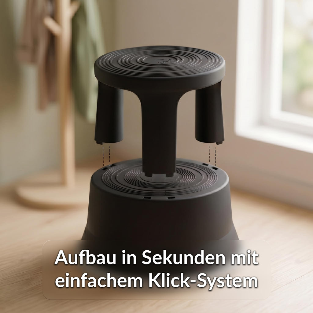 Office Marshal Rollhocker Kunststoff Elefantenfuß schwarz, Rutschfester Tritthocker mit Rollen, mobiler Rolltritt bis 150 kg, 43 cm hoch, Stabiler Hocker für Büro, Küche, Werkstatt, Lager & Haushalt