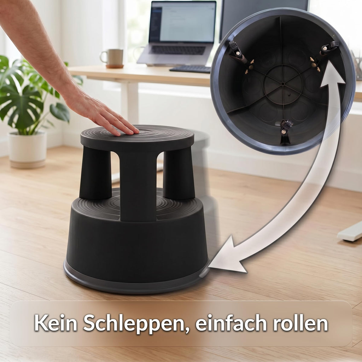 Office Marshal Rollhocker Kunststoff Elefantenfuß schwarz, Rutschfester Tritthocker mit Rollen, mobiler Rolltritt bis 150 kg, 43 cm hoch, Stabiler Hocker für Büro, Küche, Werkstatt, Lager & Haushalt