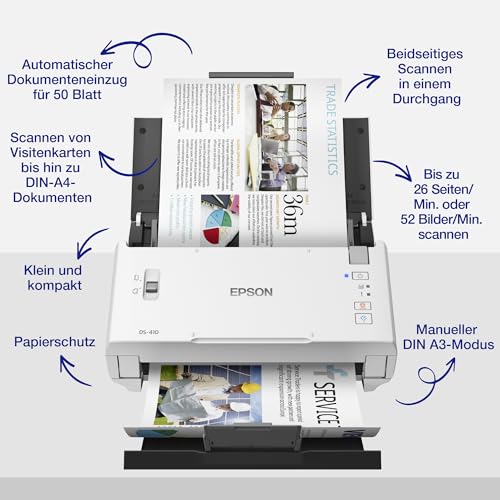 Workforce DS-410: Kompakter A4 Business-Scanner mit Blattzufuhr, automatischem Dokumenteneinzug für 50 Blatt und Epson Document Capture Pro-Software
