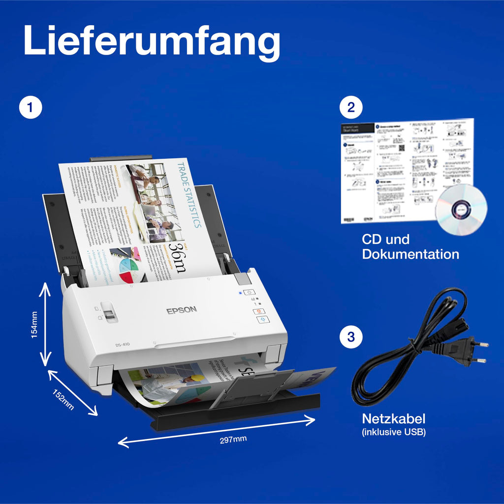 Workforce DS-410: Kompakter A4 Business-Scanner mit Blattzufuhr, automatischem Dokumenteneinzug für 50 Blatt und Epson Document Capture Pro-Software