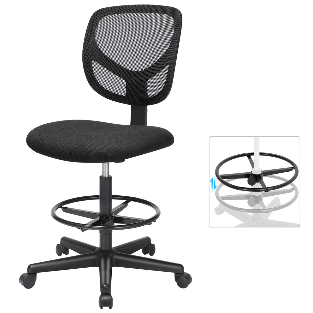 SONGMICS Arbeitsstuhl, 2er Set, Bürostuhl ohne armlehnen, Sitzhöhe 55-75 cm, hoher Drehstuhl mit Verstellbarer Fußstütze, Belastbarkeit 120 kg, schwarz OBN15BK-2