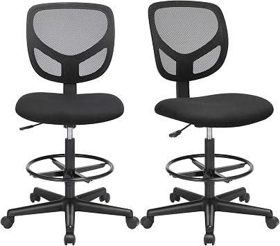 SONGMICS Arbeitsstuhl, 2er Set, Bürostuhl ohne armlehnen, Sitzhöhe 55-75 cm, hoher Drehstuhl mit Verstellbarer Fußstütze, Belastbarkeit 120 kg, schwarz OBN15BK-2