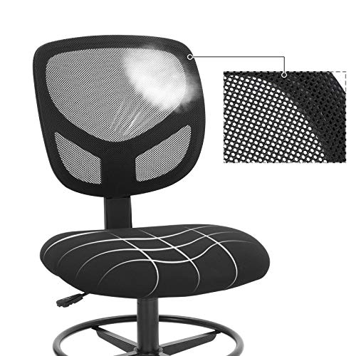 SONGMICS Arbeitsstuhl, 2er Set, Bürostuhl ohne armlehnen, Sitzhöhe 55-75 cm, hoher Drehstuhl mit Verstellbarer Fußstütze, Belastbarkeit 120 kg, schwarz OBN15BK-2