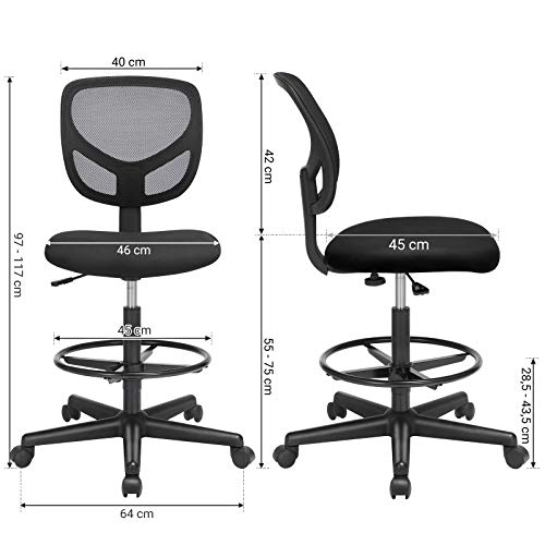 SONGMICS Arbeitsstuhl, 2er Set, Bürostuhl ohne armlehnen, Sitzhöhe 55-75 cm, hoher Drehstuhl mit Verstellbarer Fußstütze, Belastbarkeit 120 kg, schwarz OBN15BK-2