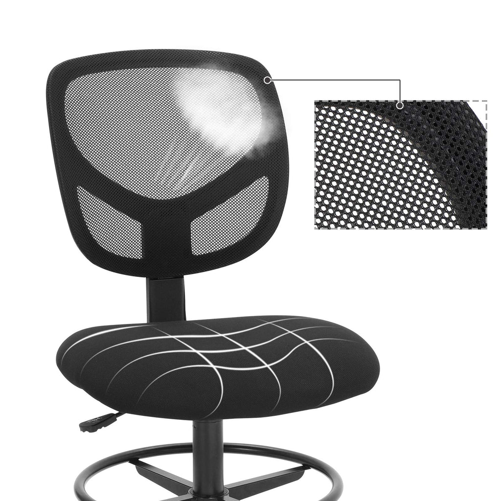 SONGMICS Arbeitsstuhl, 2er Set, Bürostuhl ohne armlehnen, Sitzhöhe 55-75 cm, hoher Drehstuhl mit Verstellbarer Fußstütze, Belastbarkeit 120 kg, schwarz OBN15BK-2