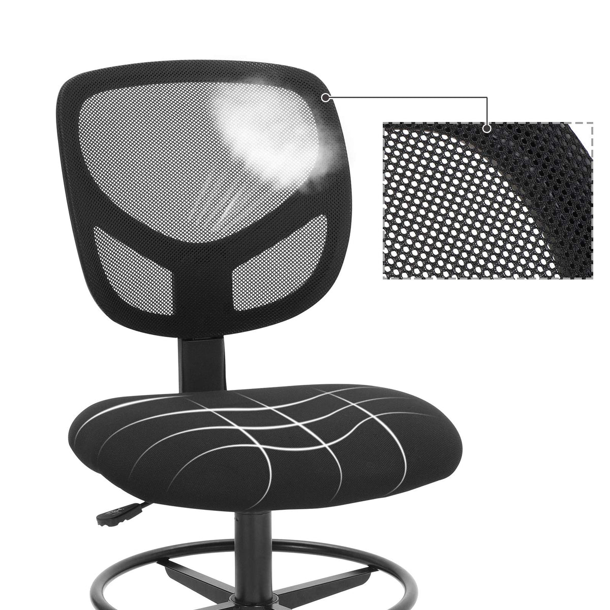 SONGMICS Arbeitsstuhl, 2er Set, Bürostuhl ohne armlehnen, Sitzhöhe 55-75 cm, hoher Drehstuhl mit Verstellbarer Fußstütze, Belastbarkeit 120 kg, schwarz OBN15BK-2