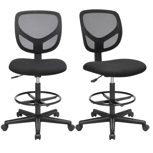 SONGMICS Arbeitsstuhl, 2er Set, Bürostuhl ohne armlehnen, Sitzhöhe 55-75 cm, hoher Drehstuhl mit Verstellbarer Fußstütze, Belastbarkeit 120 kg, schwarz OBN15BK-2