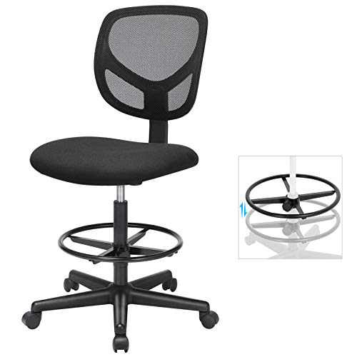SONGMICS Arbeitsstuhl, 2er Set, Bürostuhl ohne armlehnen, Sitzhöhe 55-75 cm, hoher Drehstuhl mit Verstellbarer Fußstütze, Belastbarkeit 120 kg, schwarz OBN15BK-2