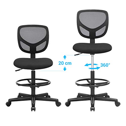 SONGMICS Arbeitsstuhl, 2er Set, Bürostuhl ohne armlehnen, Sitzhöhe 55-75 cm, hoher Drehstuhl mit Verstellbarer Fußstütze, Belastbarkeit 120 kg, schwarz OBN15BK-2