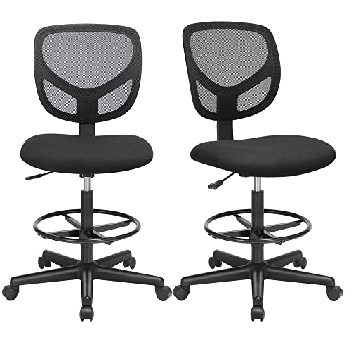 SONGMICS Arbeitsstuhl, 2er Set, Bürostuhl ohne armlehnen, Sitzhöhe 55-75 cm, hoher Drehstuhl mit Verstellbarer Fußstütze, Belastbarkeit 120 kg, schwarz OBN15BK-2