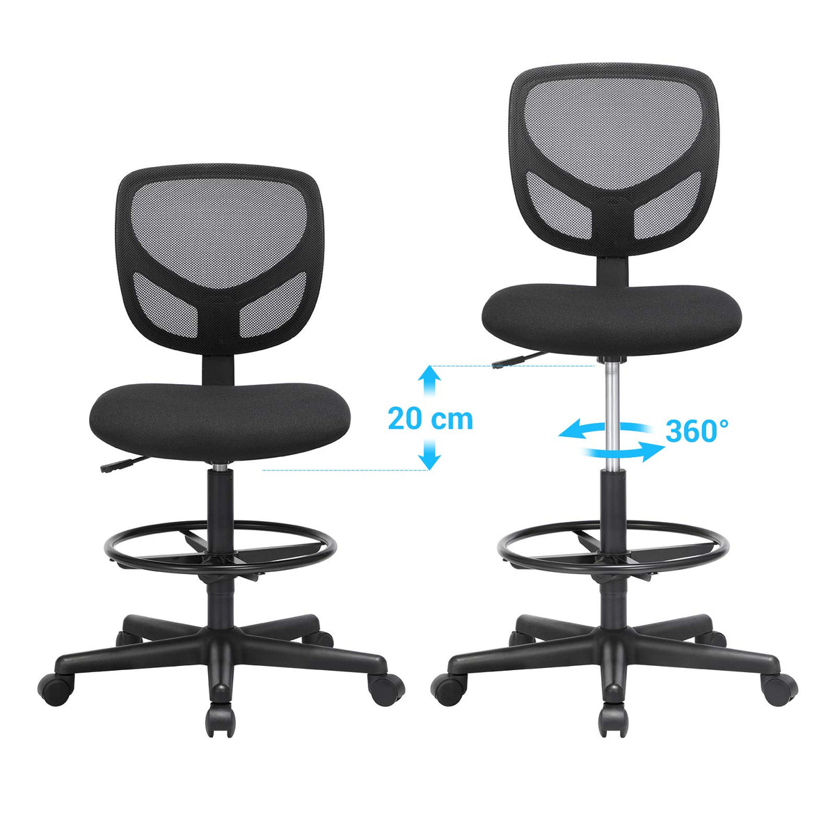 SONGMICS Arbeitsstuhl, 2er Set, Bürostuhl ohne armlehnen, Sitzhöhe 55-75 cm, hoher Drehstuhl mit Verstellbarer Fußstütze, Belastbarkeit 120 kg, schwarz OBN15BK-2