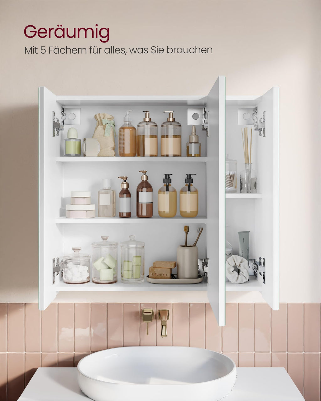 VASAGLE Spiegelschrank, Badezimmerschrank, mit 3 Türen, 15 x 60 x 55 cm