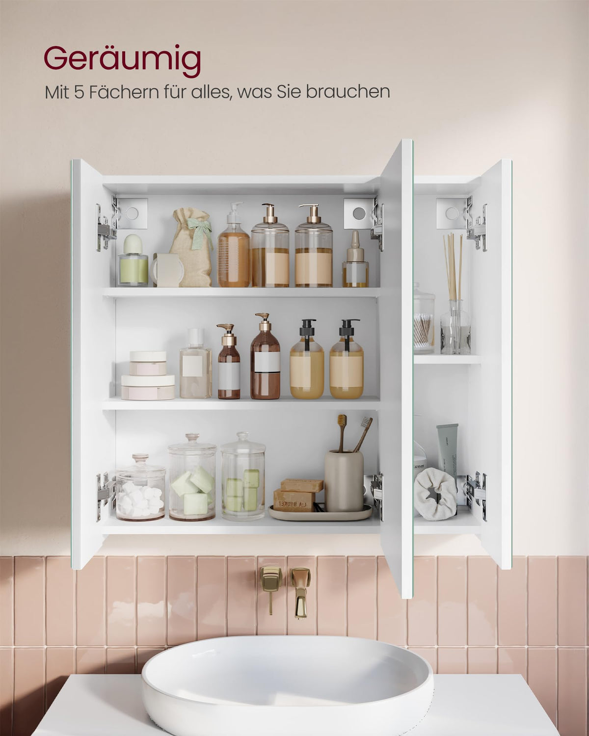 VASAGLE Spiegelschrank, Badezimmerschrank, mit 3 Türen, 15 x 60 x 55 cm