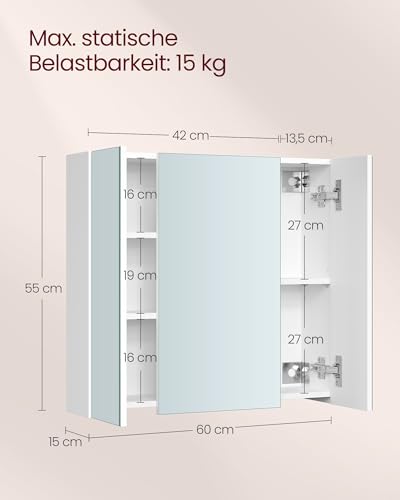 VASAGLE Spiegelschrank, Badezimmerschrank, mit 3 Türen, 15 x 60 x 55 cm