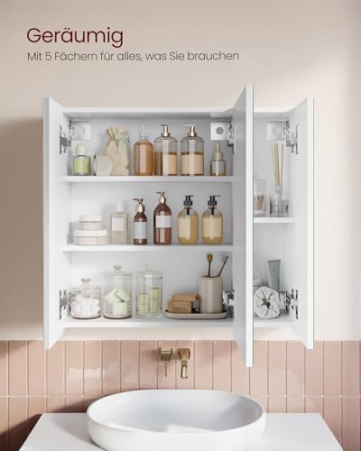 VASAGLE Spiegelschrank, Badezimmerschrank, mit 3 Türen, 15 x 60 x 55 cm