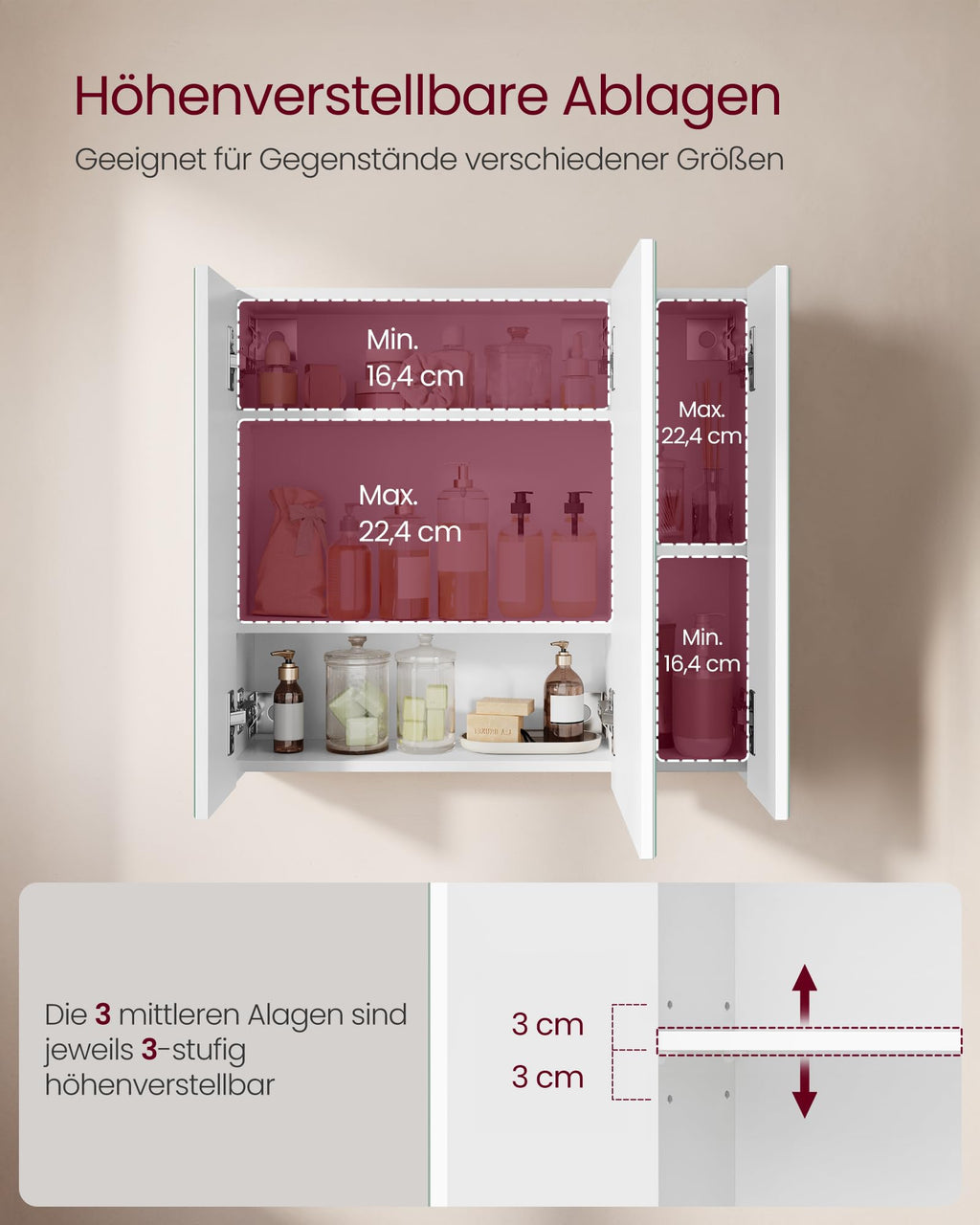VASAGLE Spiegelschrank, Badezimmerschrank, mit 3 Türen, 15 x 60 x 55 cm
