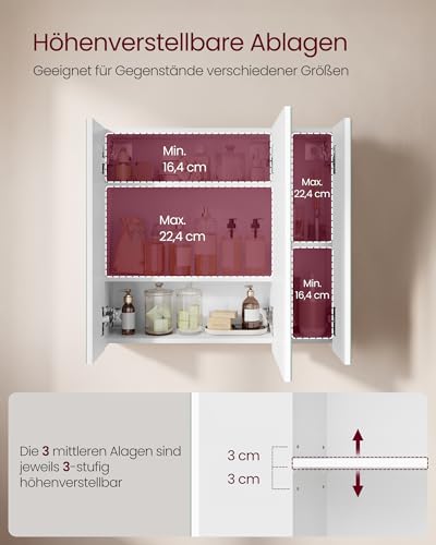 VASAGLE Spiegelschrank, Badezimmerschrank, mit 3 Türen, 15 x 60 x 55 cm