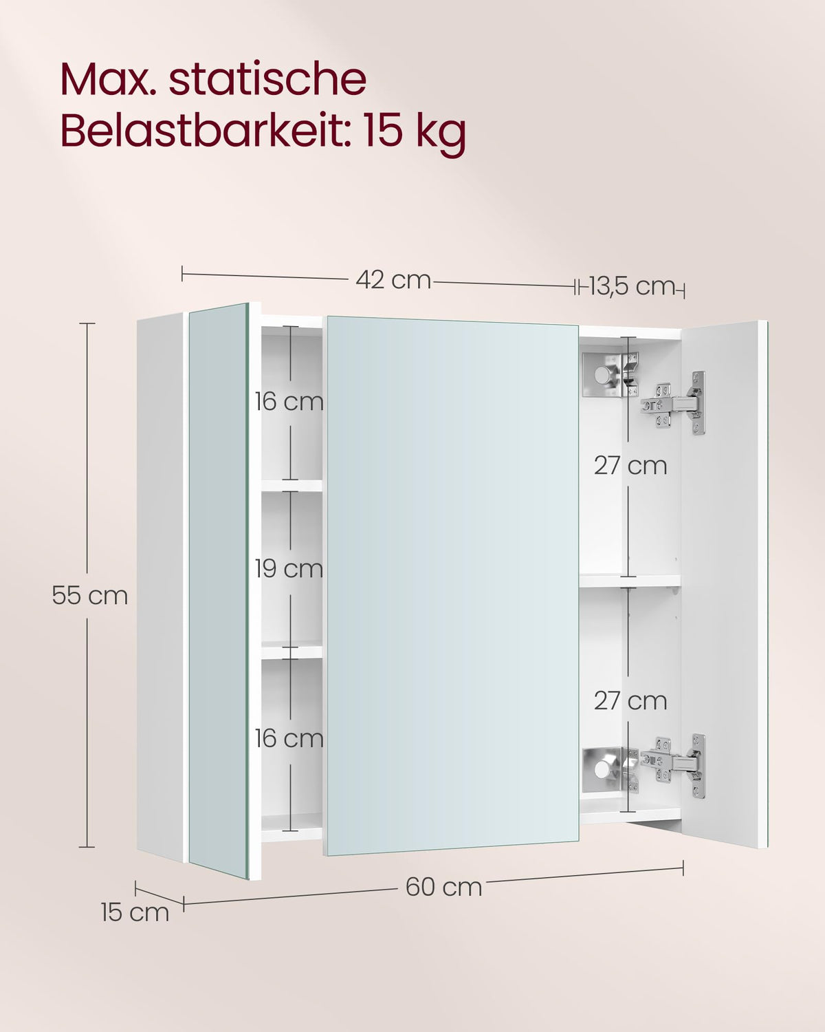 VASAGLE Spiegelschrank, Badezimmerschrank, mit 3 Türen, 15 x 60 x 55 cm