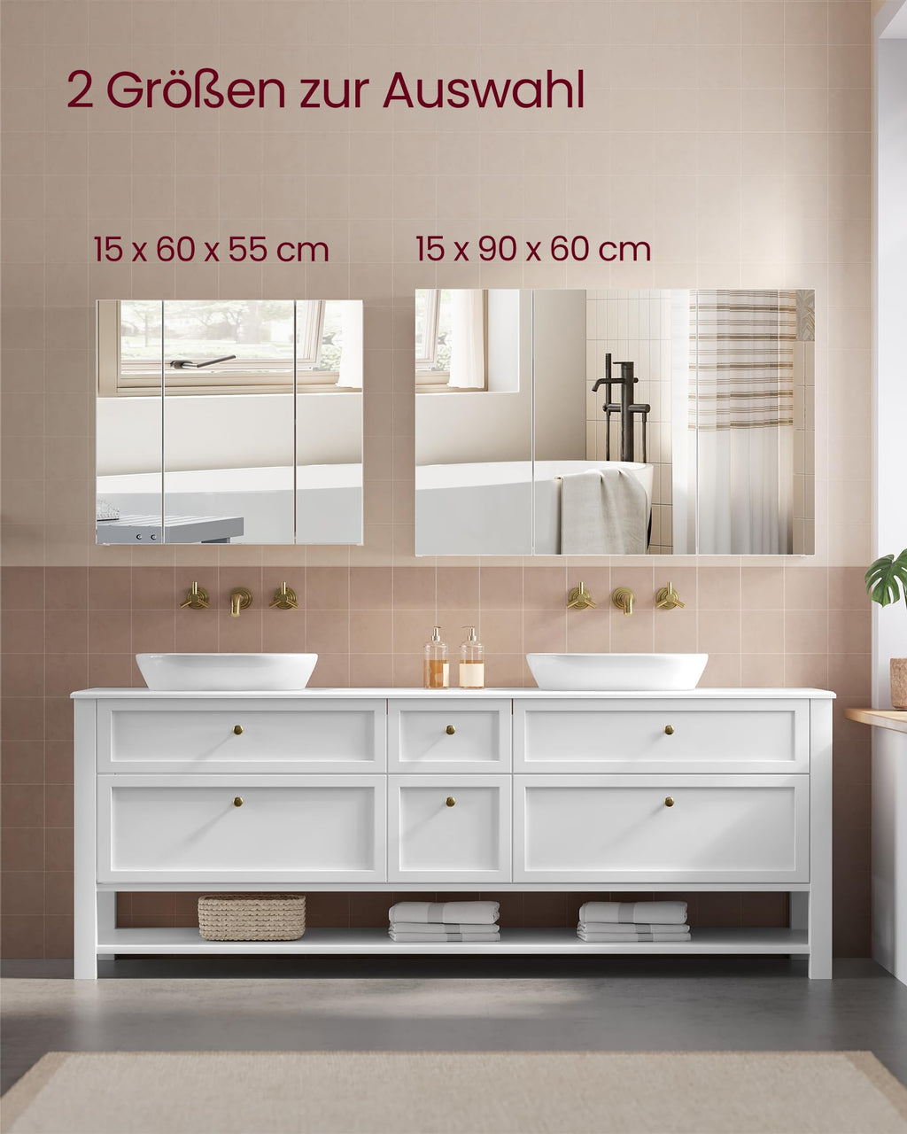 VASAGLE Spiegelschrank, Badezimmerschrank, mit 3 Türen, 15 x 60 x 55 cm