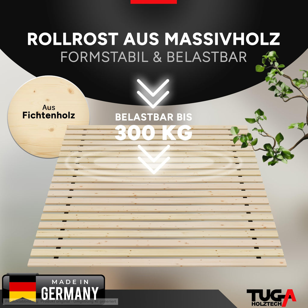 TUGA - Holztech Rollrost 90 x 200 cm 20mm 300kg Lattenrost Rolllattenrost Stabiler Bettrost Qualität aus Deutschland