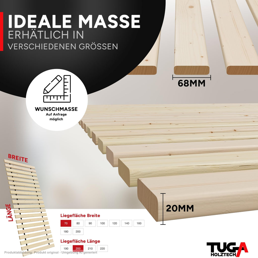 TUGA - Holztech Rollrost 90 x 200 cm 20mm 300kg Lattenrost Rolllattenrost Stabiler Bettrost Qualität aus Deutschland